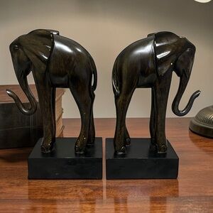 Mid-Century Style Resin Elephant Bookends - Dark Wood Finish (Set of 2)